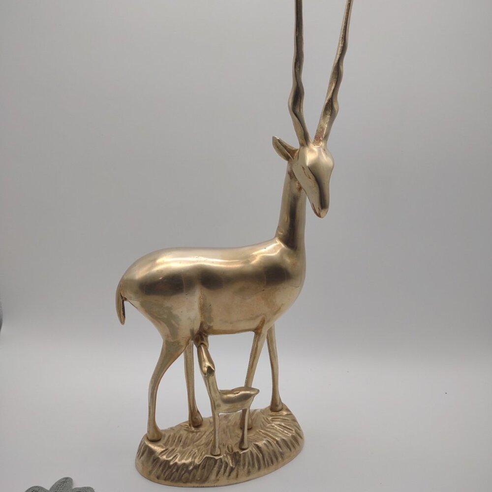 Vintage 15" Tall Brass Gazelle Antelope & Baby Calf Figurine, Deer Doe Wild Game